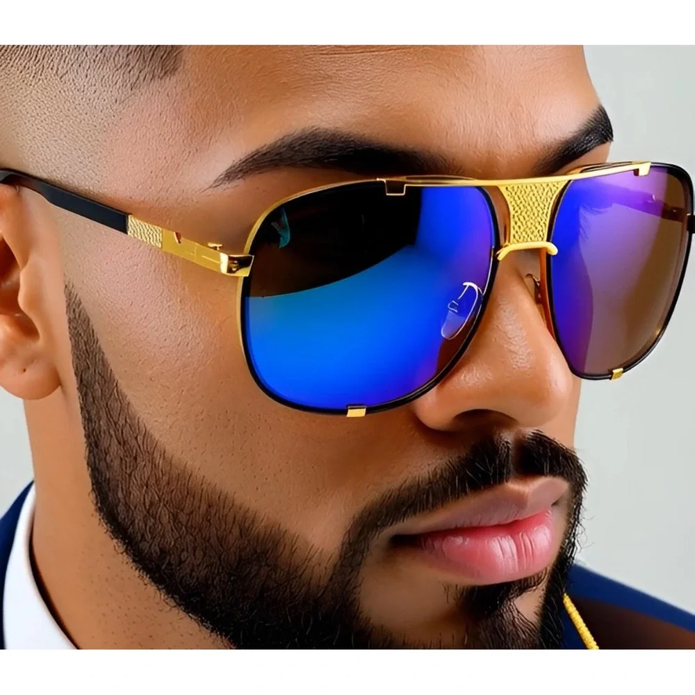 Sunglasses Gold Frame Blue‎ Mirror Lens Fashion Pilot Sun Glasses  Beach Driving
